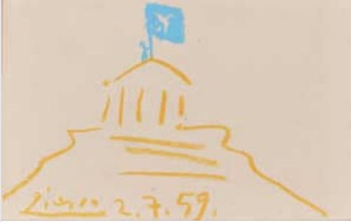 Στις 2 Ιουλίου 1959, ο Πικάσο σχεδίασε ένα σκίτσο που δείχνει έναν «Παρθενώνα» και στην κορυφή απεικονίζεται ο Γλέζος να κρατά τη σημαία με το περιστέρι της ειρήνης.