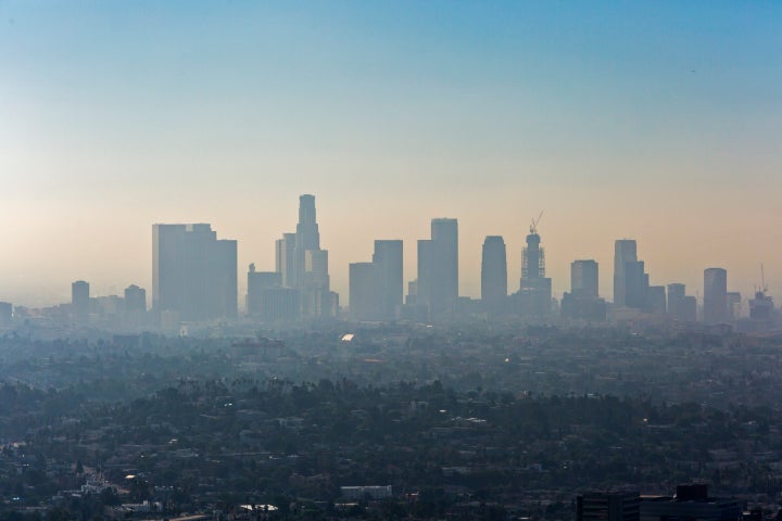 Downtown Los Angeles is seen here covered in a layer of smog. Levels of pollution in the city have dropped, but experts say it's only temporary.