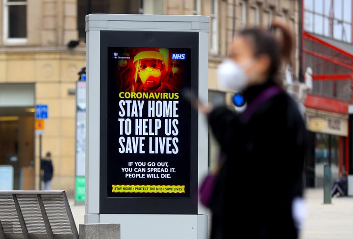 Electronic bilboards displays a message warning people to stay home in Sheffield as the UK continues in lockdown to help curb the spread of the coronavirus.