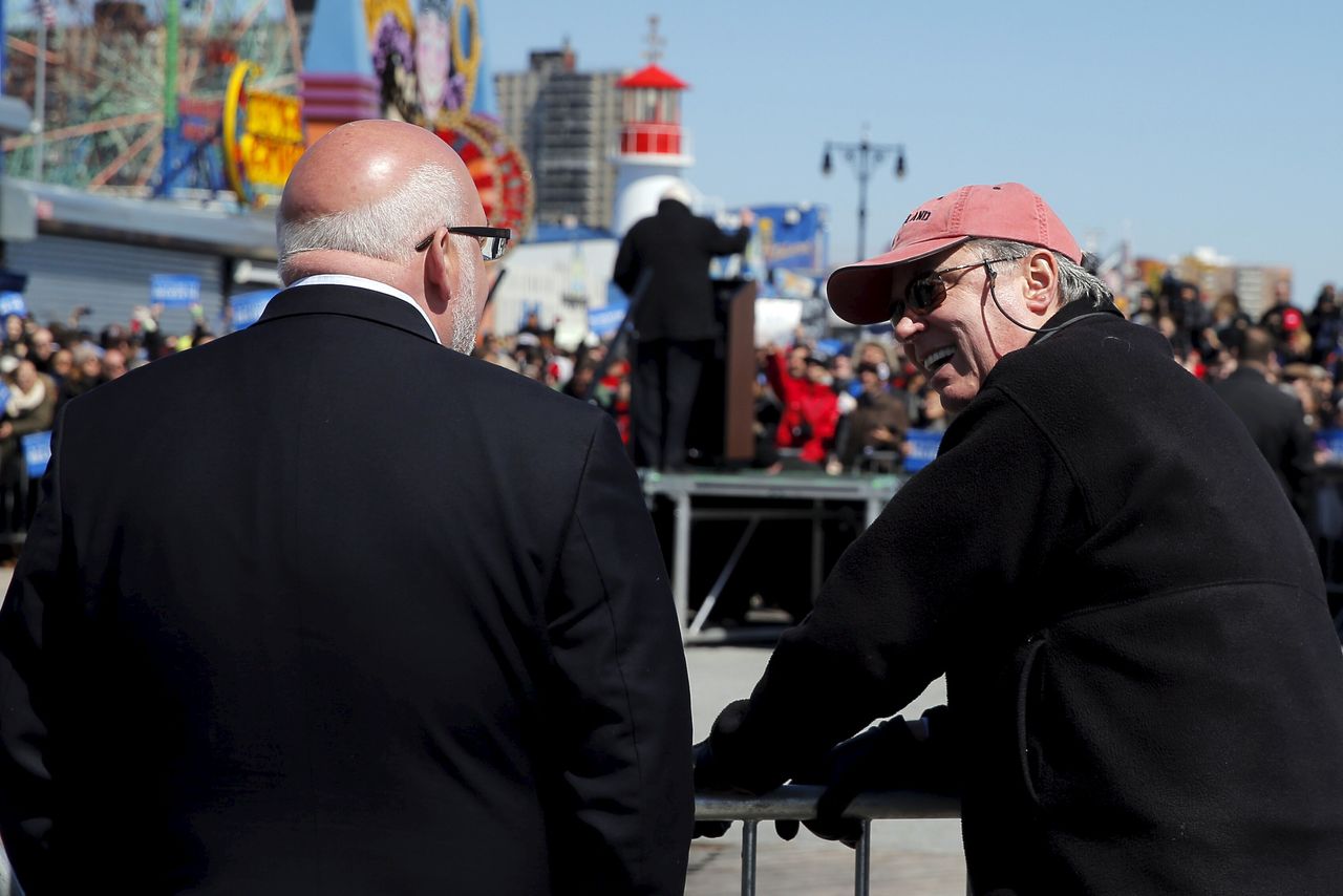 Jeff Weaver, left, speaks with strategist Tad Devine at a Sanders campaign rally in April 2016. For Sanders' second run, Weaver would accept a smaller role and Devine would be gone.