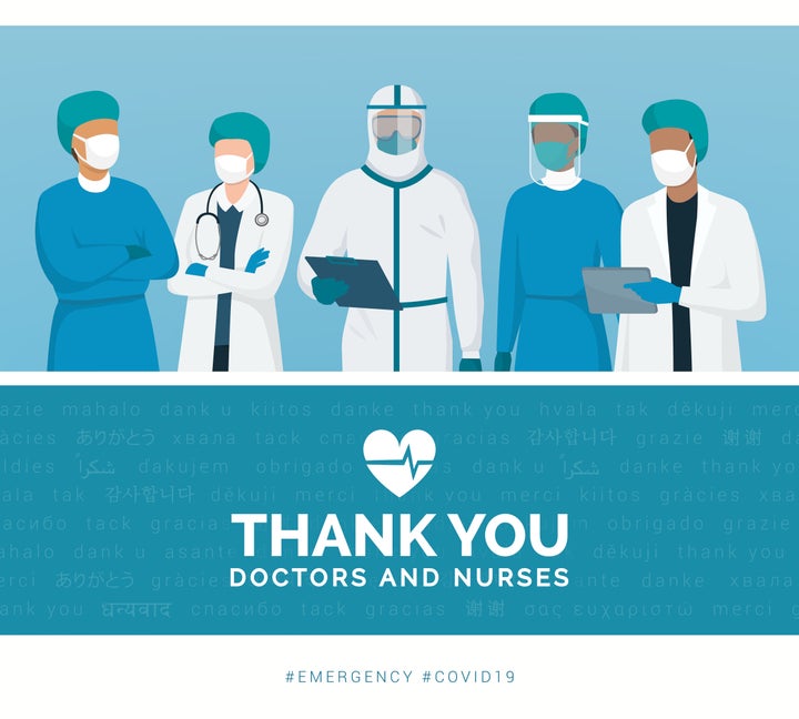 Thank you doctors and nurses working in the hospitals and fighting the coronavirus, vector illustration