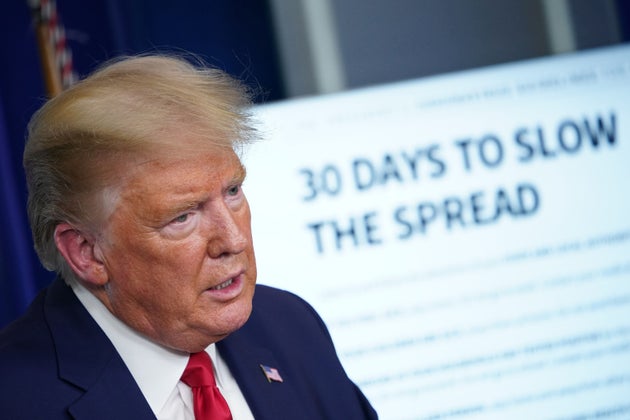 US President Donald Trump speaks during the daily briefing on the novel coronavirus, COVID-19, in the...