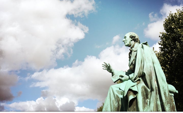 Monument to the world famous poet Hans Christian Andersen inside the public park Kongens Have in Copenhagen, Denmark. The monument dates back to 1880 and was made by sculptor August Saabye.