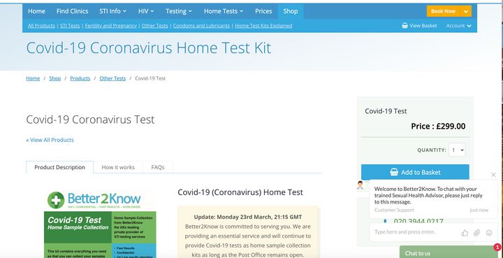 Better2Know is selling Covid-19 tests online for £299