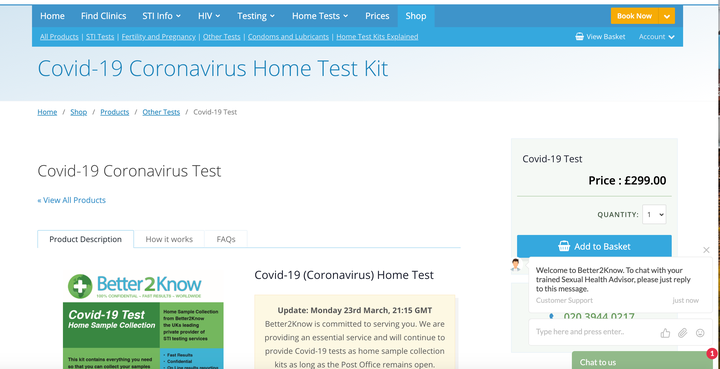 Better2Know is selling Covid-19 tests online for £299