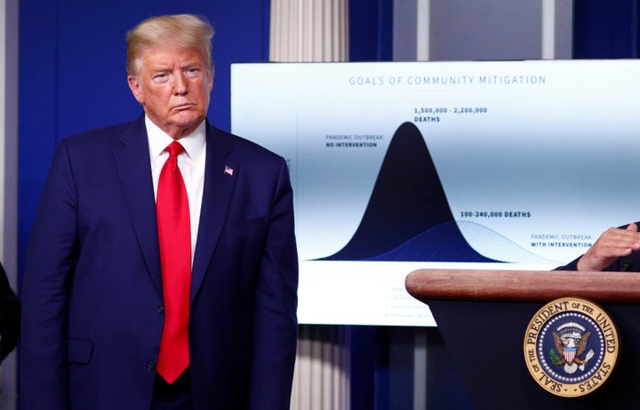 U.S. President Donald Trump stands in front of a chart labeled “Goals of Community Mitigation” showing projected deaths in the United States during the daily coronavirus response briefing at the White House on March 31, 2020.