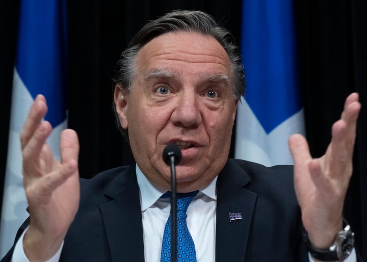 Quebec Premier Francois Legault responds to reporters during a news conference on the COVID-19 pandemic on April 2, 2020 at the legislature in Quebec City.