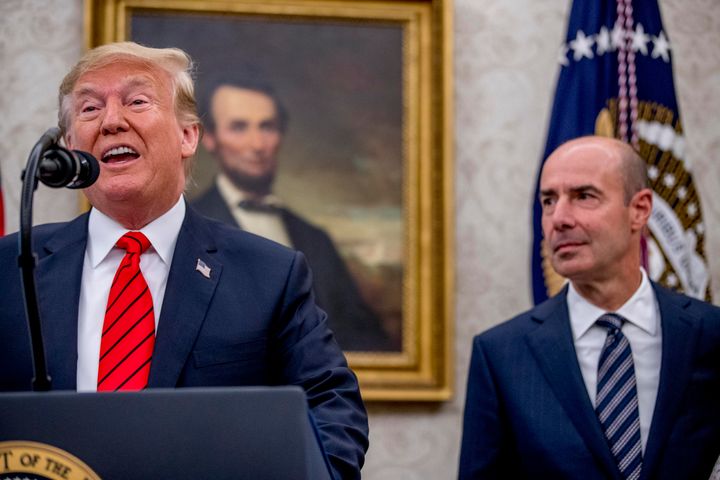 President Donald Trump with Labor Secretary Eugene Scalia in the Oval Office at Scalia's swearing-in last September.