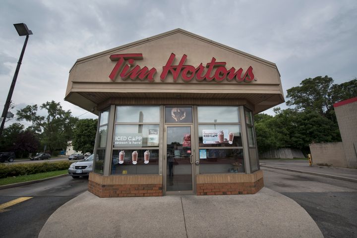 A Tim Hortons location is photographed in August 2018 in Hamilton, Ont. The coffee chain says its washrooms will be sanitized every 15 minutes during the COVID-19 pandemic.