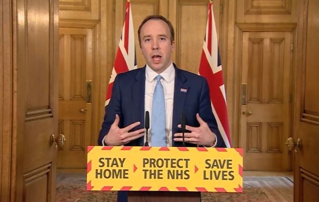 Health Secretary Matt Hancock answering questions from the media via a video link during a media briefing in Downing Street on coronavirus 