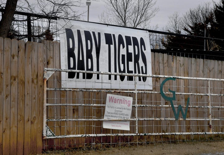 A sign advertising baby tigers at the entrance of the Greater Wynnewood Exotic Animal Park on Feb. 9, 2019.