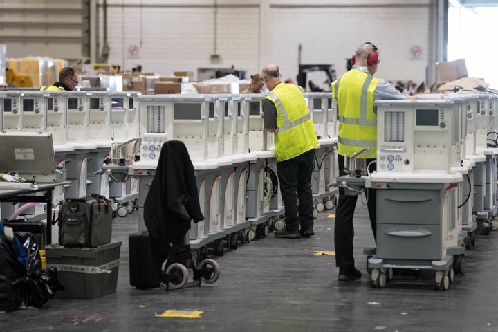 Ventilators are stored and ready to be used by coronavirus patients at the ExCel centre in London which is being made into a temporary hospital.