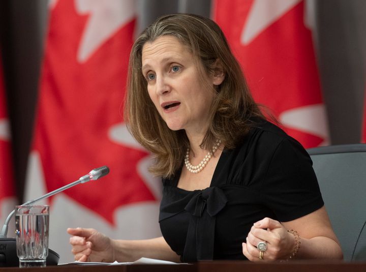 Deputy Prime Minister and Minister of Intergovernmental Affairs Chrystia Freeland responds to a question during a news conference in Ottawa on April 3, 2020. 