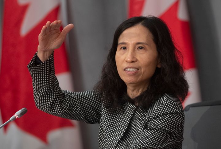 Chief Public Health Officer Theresa Tam gestures as she talks about the pandemic curve during a news conference in Ottawa on Friday.