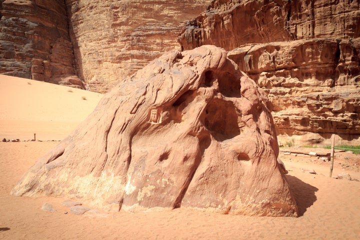 Lawrence of Arabia head carved into the stone in Wadi Rum desert, Jordan