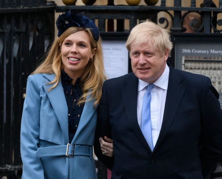 Prime minister Boris Johnson and his fiancee Carrie Symonds leaving the Commonwealth Day Service
