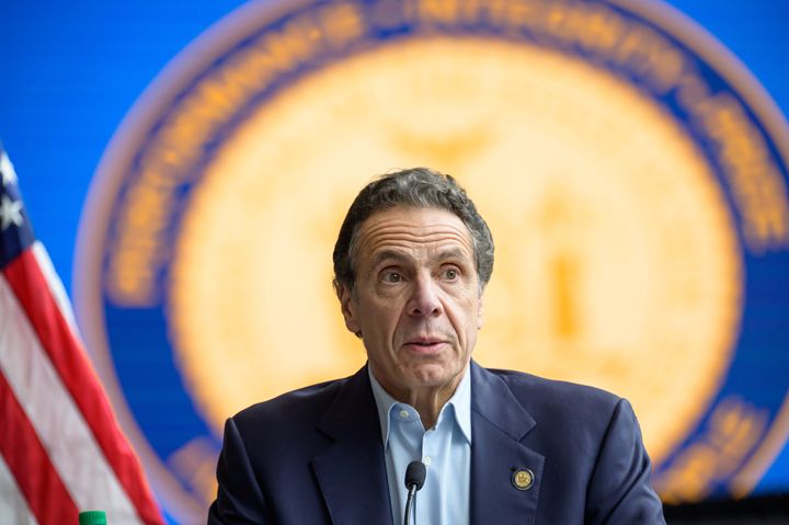 Gov. Andrew Cuomo is seen during a press conference at the field hospital site at the Javits Center on March 30 in New York City.