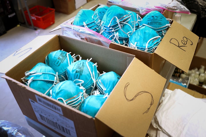 Boxes of N95 protective masks for use by medical field personnel are seen at a New York State emergency operations incident command center during the coronavirus outbreak in New Rochelle, New York, U.S., March 17, 2020. 