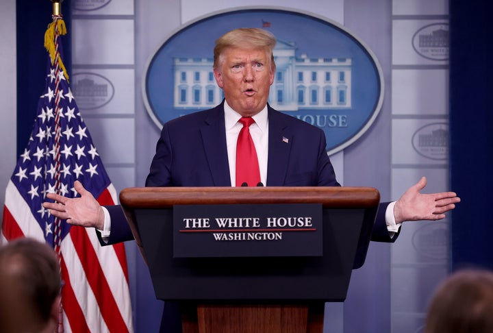 WASHINGTON, DC - APRIL 03: U.S. President Donald Trump answers questions in the press briefing room with members of the White