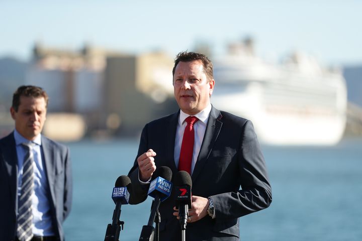 Wollongong MP Paul Scully speaks to media as the Ruby Princess cruise ship sits docked on April 06, 2020 in Port Kembla, Australia. 