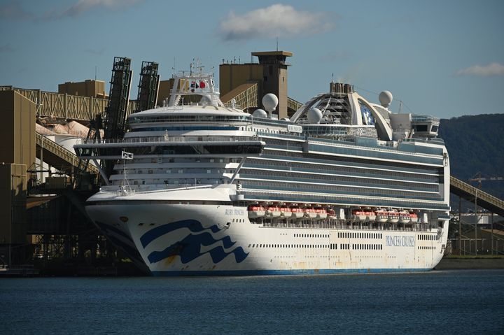 Cruise liner Ruby Princess sits in the harbour in Port Kembla, 80km south of Sydney after coming in to refuel and restock on April 6, 2020.