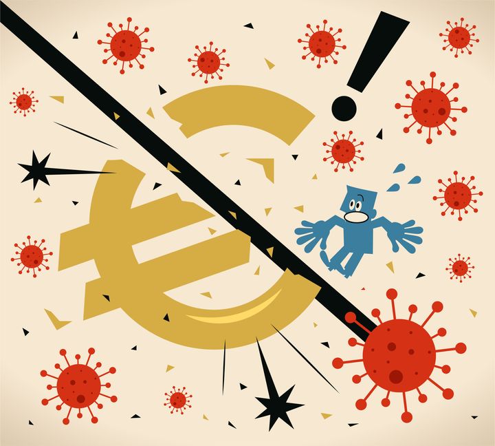 Blue Little Guy Characters Vector Art Illustration.Fears of eurozone economic slowdown due to coronavirus panic (covid-19, virus), currency crisis.