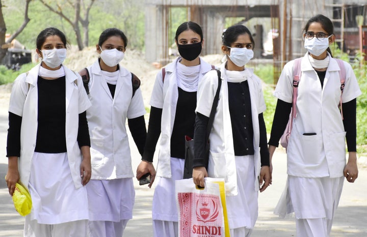 AMRITSAR, INDIA - MARCH 16: Nursing students wearing protective face masks as precaution against coronavirus, at Guru Nanak Dev hospital on March 16,2020 in Amritsar, India. Image used for representational purposes only.(Photo by Sameer Sehgal/Hindustan Times via Getty Images)