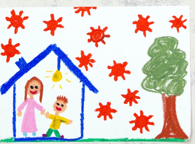 Photo of colorful drawing: Coronavirus epidemic. Stay at home. Mother and son in a house.