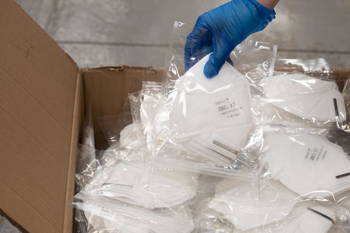 A box of N95 surgical face masks in Cardiff, U.K. on on April 03, 2020.