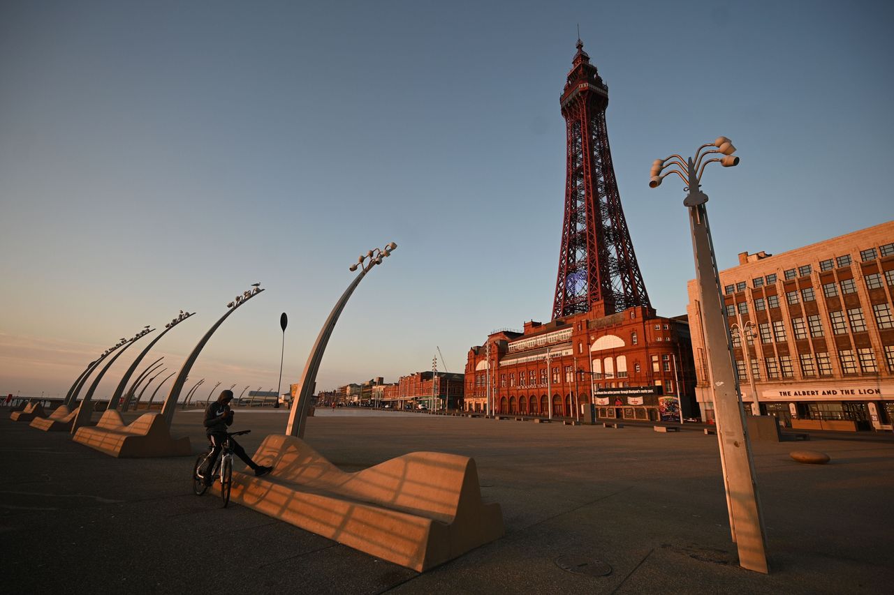 A deserted Blackpool, with the tower in the background.