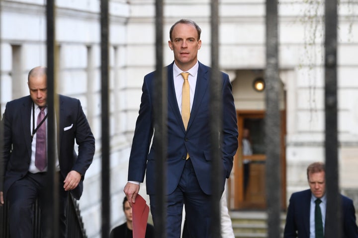 Foreign secretary Dominic Raab, who is taking charge of the government's response to the coronavirus crisis after Boris Johnson was admitted to intensive care Monday, arrives at 10 Downing Street, London.