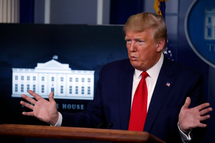 US President Donald Trump speaks about the coronavirus in the James Brady Press Briefing Room of the White House, Monday, April 6, 2020.