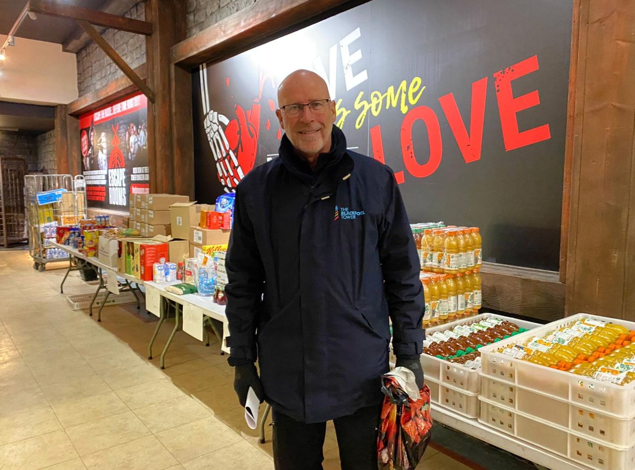 A Merlin volunteer at the Blackpool Tower food donation hub