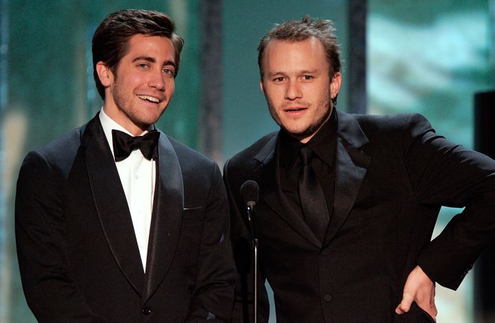 Jake Gyllenhaal and Heath Ledger speak onstage during 2006 Screen Actors Guild Awards.