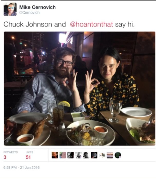 Chuck Johnson and Hoan Ton-That flash the “OK” sign over a meal in 2016.