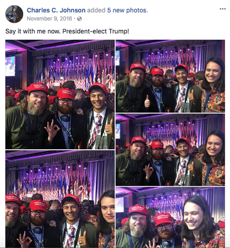 Far-right extremists Pax Dickinson and Chuck Johnson celebrate Donald Trump’s election in 2016 with Hoan Ton-That.
