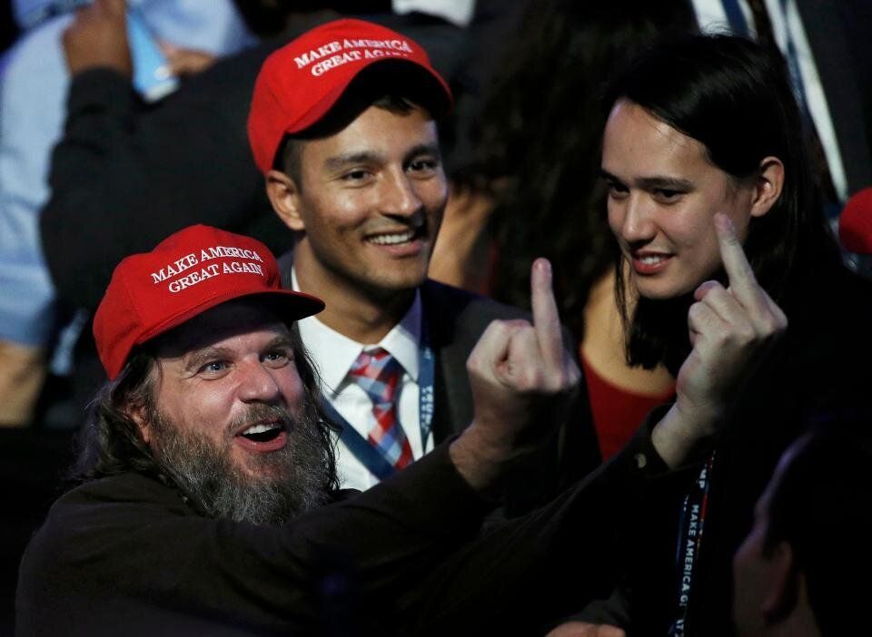 Far-right extremist Pax Dickinson celebrates Donald Trump’s election in 2016 with Hoan Ton-That in New York City.