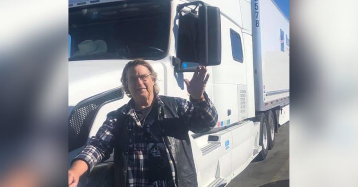 Gary Creelman, 70, with his truck, equipped with a microwave, toaster oven and toilet. 