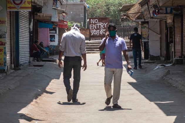Barricade and No Entry notices put up outside the street leading to Govandi Station, on April 7, 2020...
