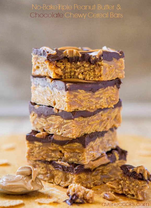 Get the No-Bake Triple Peanut Butter and Chocolate Chewy Cereal Bars recipe from Averie Cooks