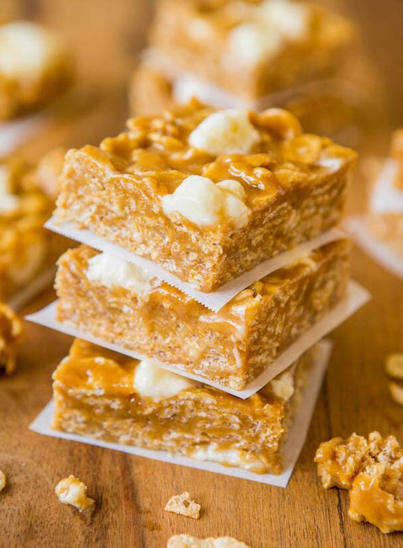 Get the No-Bake Peanut Butter Marshmallow Cereal Bars recipe from Averie Cooks