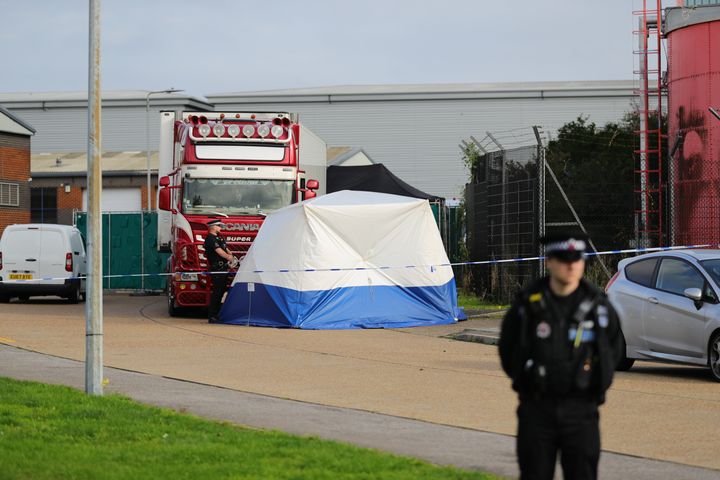 Police activity at the Waterglade Industrial Park in Grays, Essex, after 39 bodies were found inside a lorry container on the industrial estate last October. 
