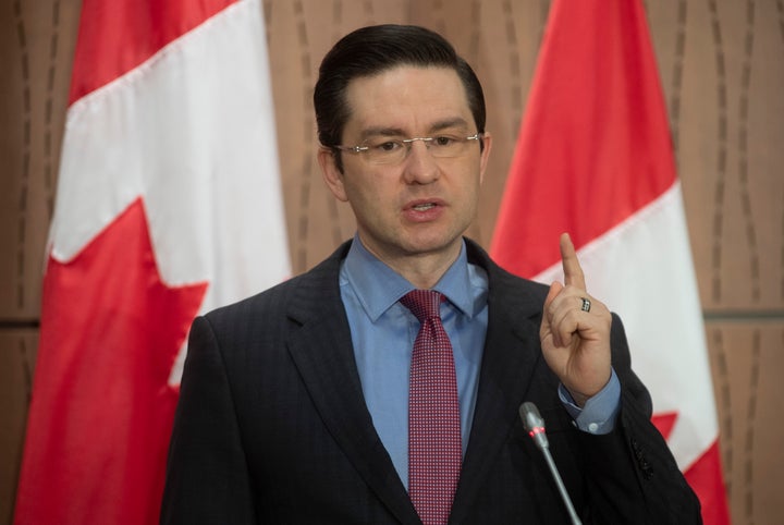 Conservative MP Pierre Poilievre speaks during a news conference in Ottawa on April 8, 2020.