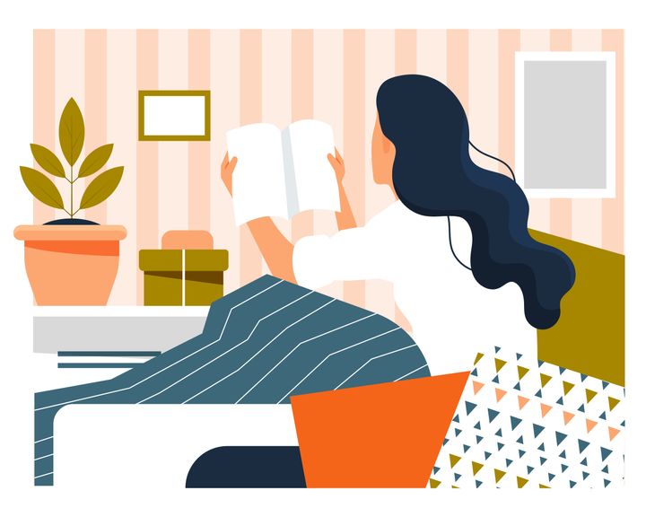 Young woman sitting at home relaxing reading a book in the living room in a Daily Life concept , vector cartoon illustration