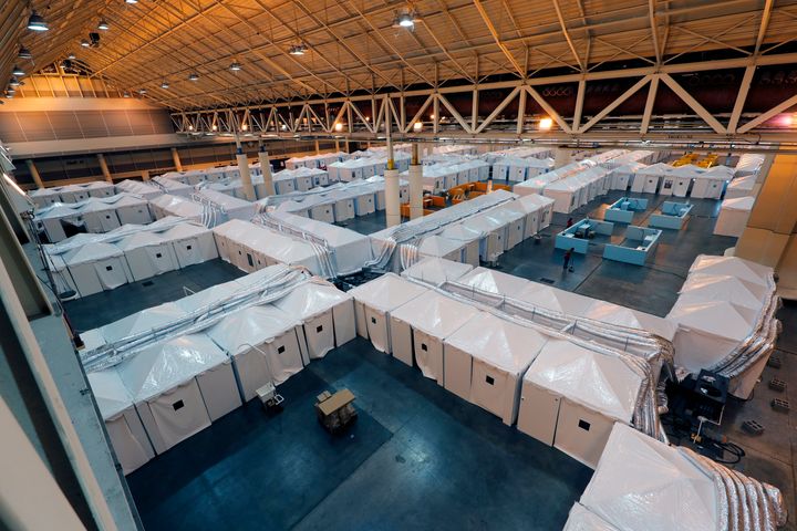 A temporary hospital has been set up in the Ernest N. Morial Convention Center, as overflow for local hospitals that are reaching capacity, in response to the COVID-19 pandemic, in New Orleans, April 4. Phase one of the operation can house 1,000 patients with the capability to double that capacity as needed.