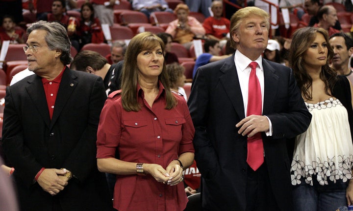 Micky and Madeleine Arison with Donald and Melania Trump at a Miami Heat basketball game in December 2005. Arison is both the Miami Heat team owner and founder of cruise giant Carnival Corporation.