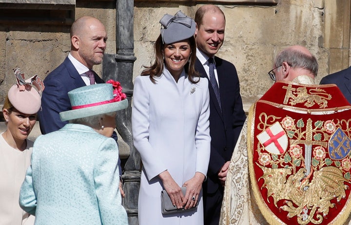 Kate and Will greet Queen Elizabeth II as she arrives for the Easter Sunday service at St George's Chapel on April 21, 2019 in Windsor, England.