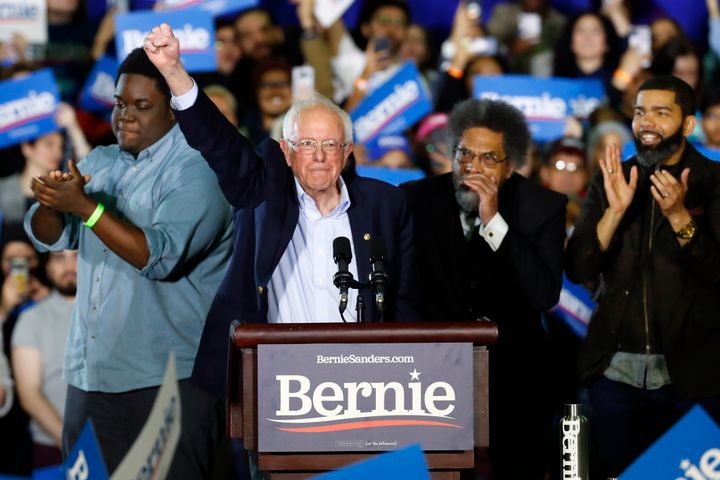 Sen. Bernie Sanders (I-Vt.) waves during a campaign rally in Detroit on March 6.