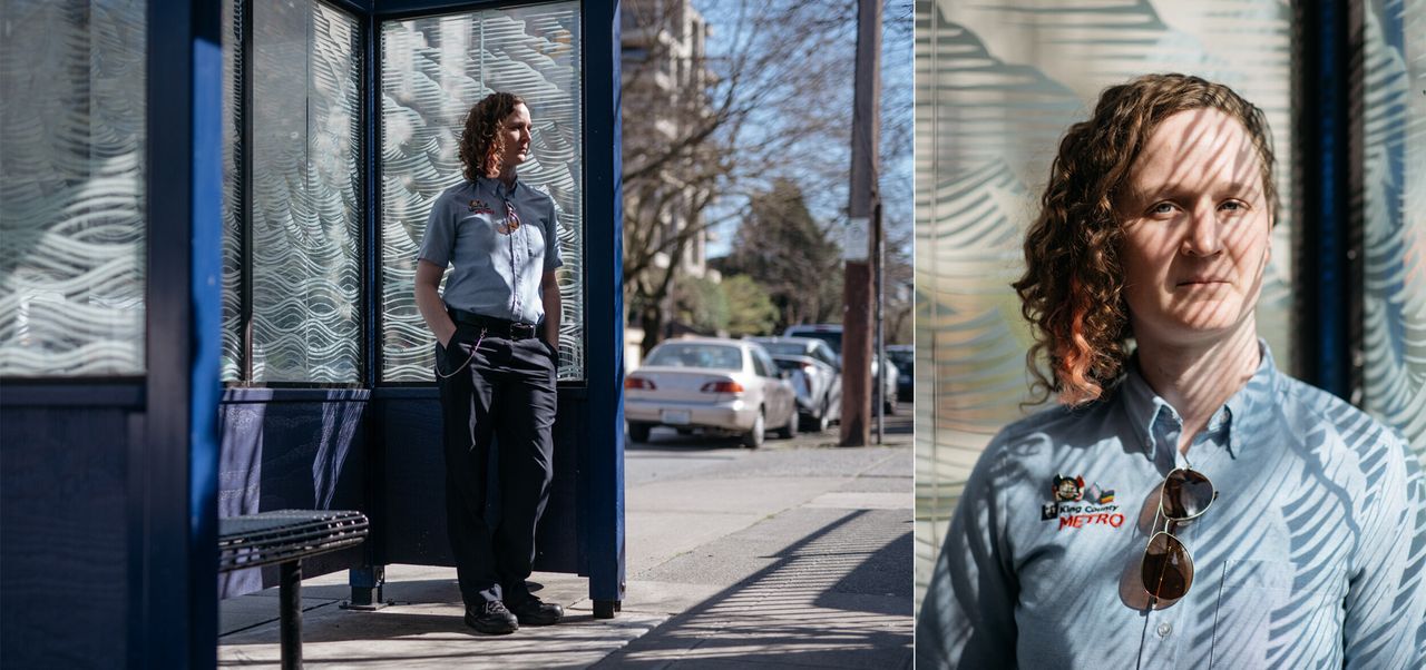 King County Metro bus driver Audrey Monroe poses for a portrait at a bus stop in Capitol Hill in Seattle on April 8, 2020. Monroe, like many other drivers, has chosen to take personal time off instead of risking exposure to the novel coronavirus.