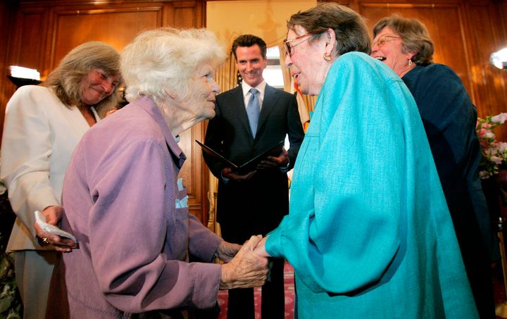 Del Martin, left, and Phyllis Lyon were married by San Francisco Mayor Gavin Newsom at City Hall in San Francisco in 2008. 
